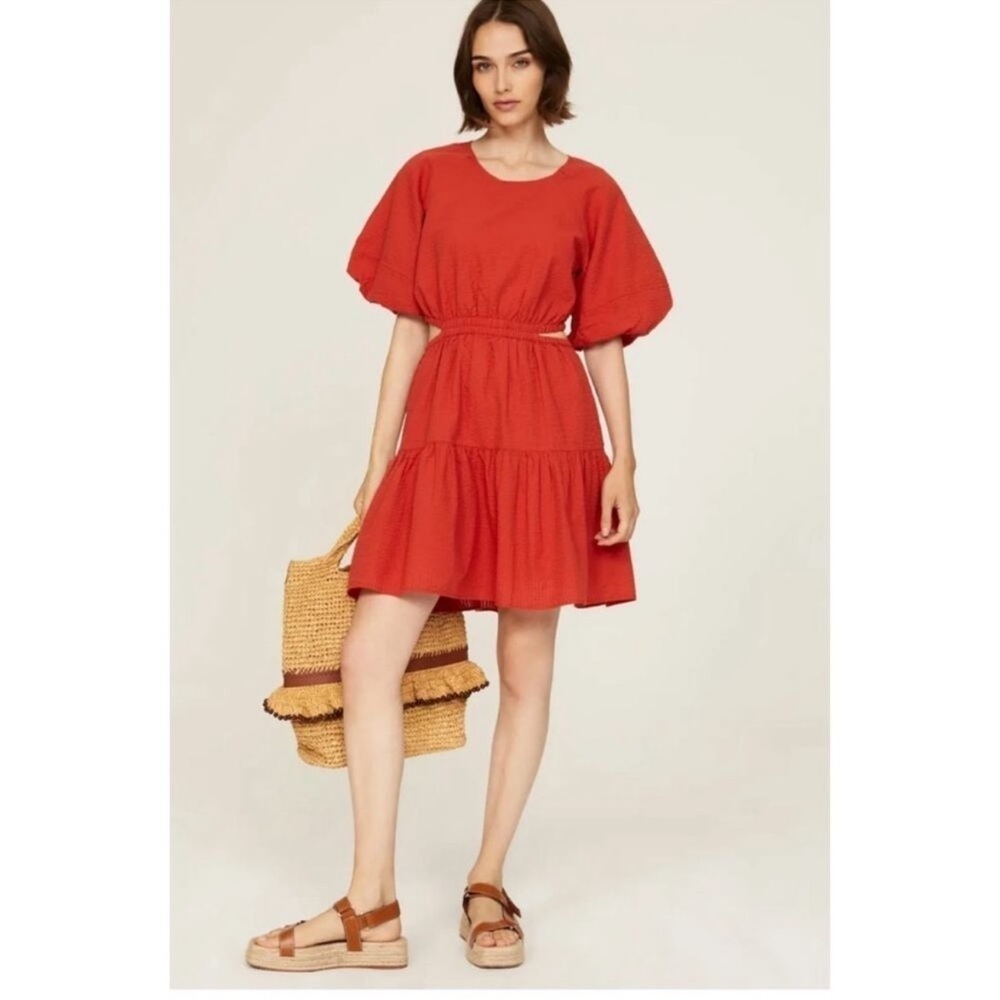 Madewell Seersucker Puff Sleeve Cut Out Dress Orange Size XXL